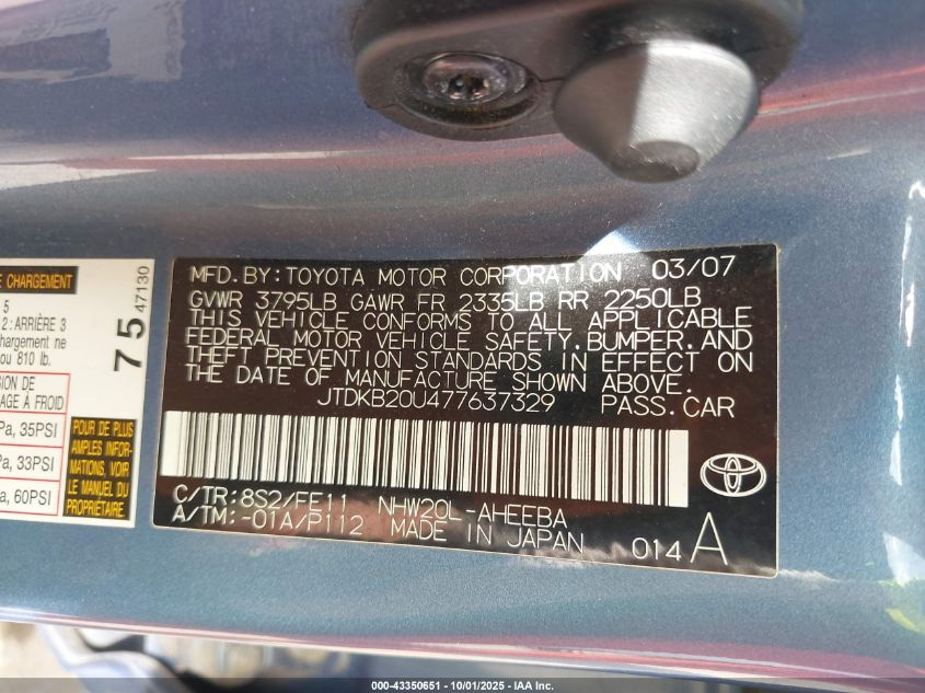2007 Toyota Prius VIN: JTDKB20U477637329 Lot: 43350651