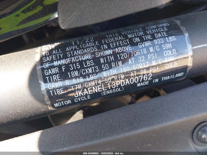 2023 Kawasaki En650 L VIN: JKAENEL13PDA00762 Lot: 43350653
