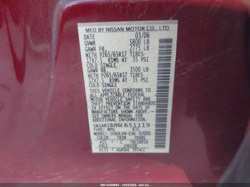 2006 Nissan Pathfinder Le VIN: 5N1AR18U96C651119 Lot: 43350664