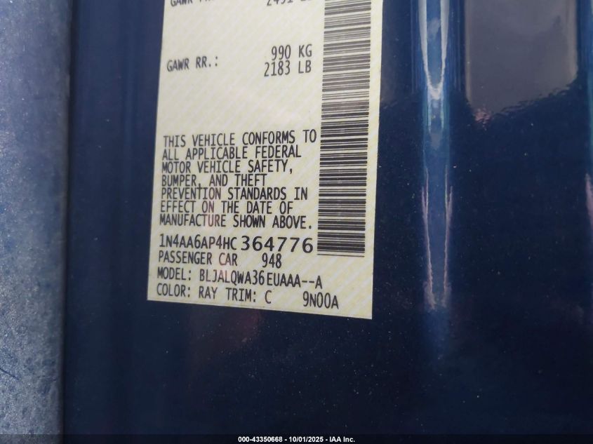 2017 Nissan Maxima 3.5 S VIN: 1N4AA6AP4HC364776 Lot: 43350668