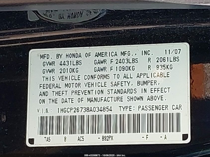2008 Honda Accord 2.4 Ex VIN: 1HGCP26738A034854 Lot: 43350673