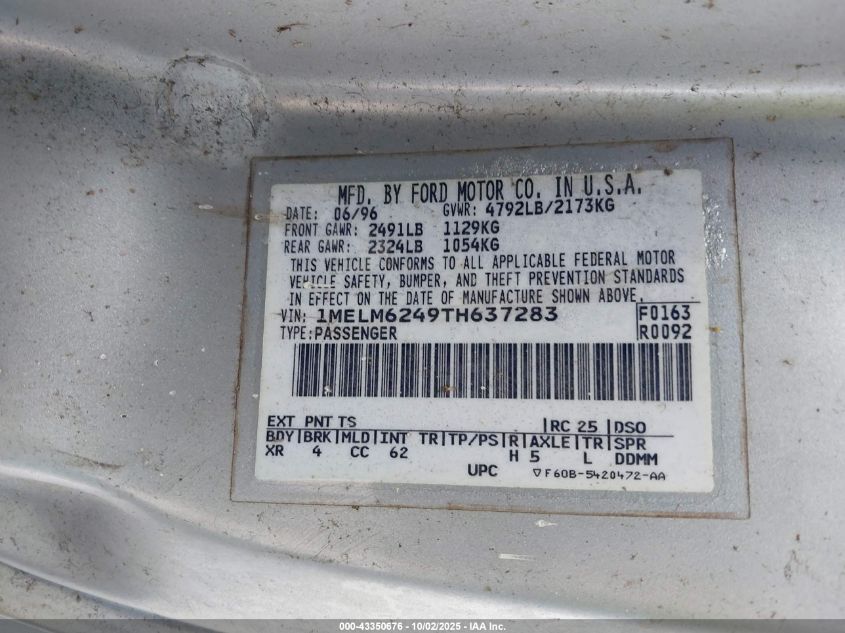1996 Mercury Cougar Xr7 VIN: 1MELM6249TH637283 Lot: 43350676