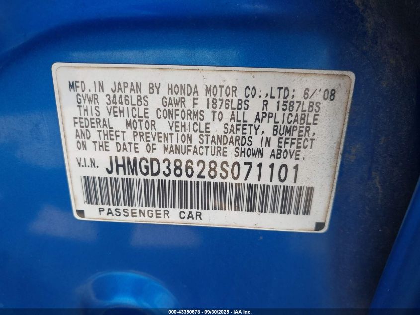 2008 Honda Fit Sport VIN: JHMGD38628S071101 Lot: 43350678