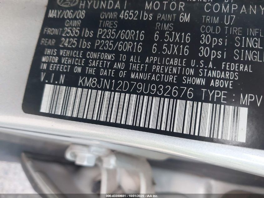 2009 Hyundai Tucson Se VIN: KM8JN12D79U932676 Lot: 43350681