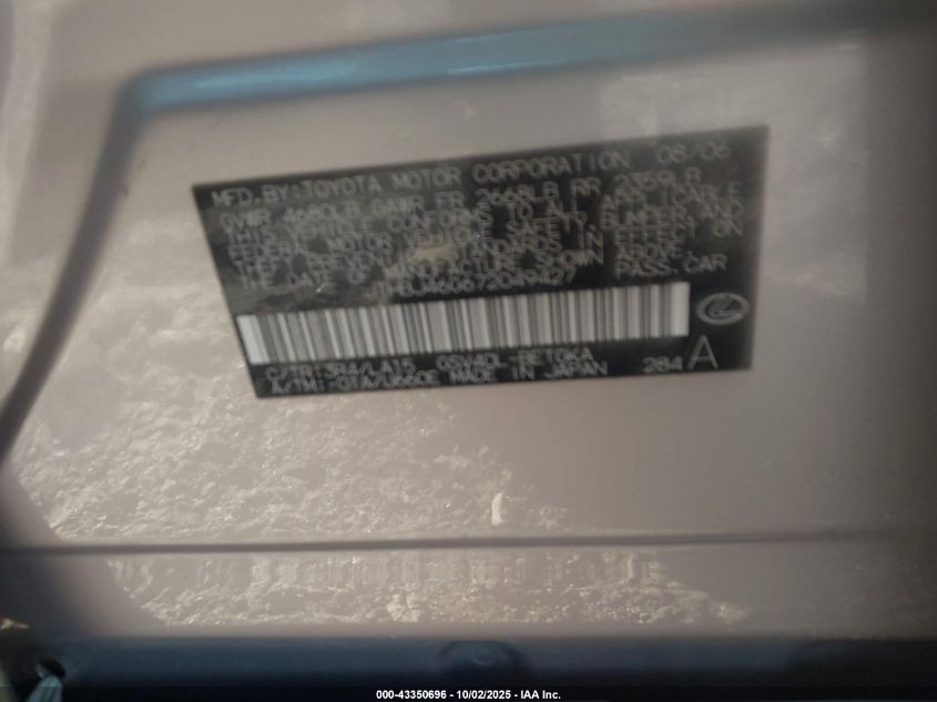 2007 Lexus Es 350 VIN: JTHBJ46G672049427 Lot: 43350696