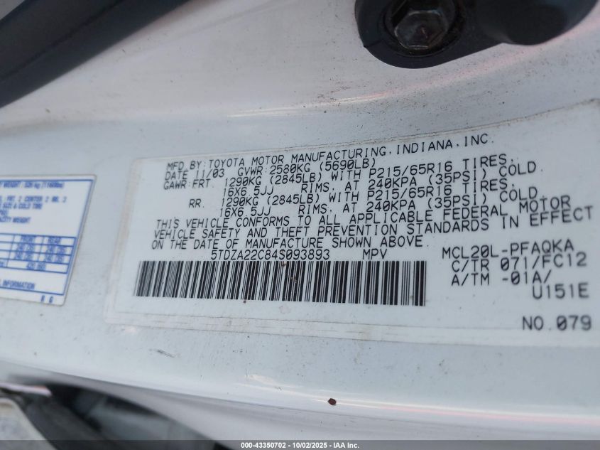 2004 Toyota Sienna Xle VIN: 5TDZA22C84S093893 Lot: 43350702