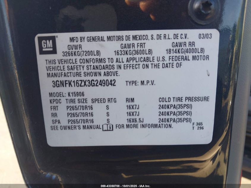 2003 Chevrolet Suburban 1500 Lt VIN: 3GNFK16ZX3G249042 Lot: 43350708