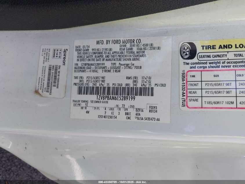 2014 Ford Mustang V6 Premium VIN: 1ZVBP8AM6E5289199 Lot: 43350709