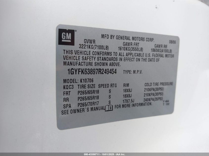 2007 Cadillac Escalade Standard VIN: 1GYFK63897R249454 Lot: 43350711