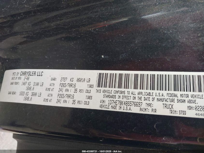 2008 Dodge Dakota Trx VIN: 1D7HE78K48S576697 Lot: 43350721
