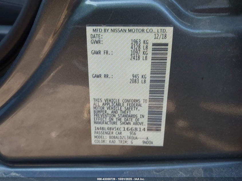 2019 Nissan Altima 2.5 S VIN: 1N4BL4BV5KC166814 Lot: 43350726