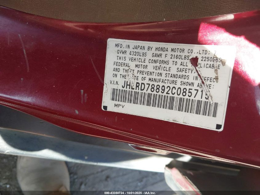 2002 Honda Cr-V Ex VIN: JHLRD78892C085715 Lot: 43350724