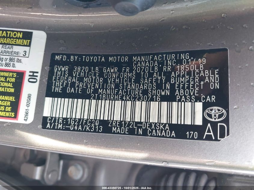 2019 Toyota Corolla Se VIN: 2T1BURHE4KC230716 Lot: 43350725