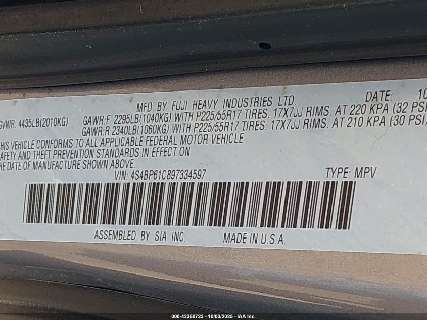 2009 Subaru Outback 2.5I VIN: 4S4BP61C897334597 Lot: 43350723