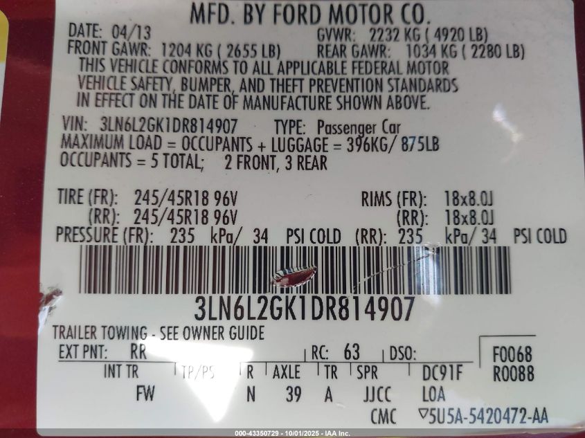 2013 Lincoln Mkz VIN: 3LN6L2GK1DR814907 Lot: 43350729