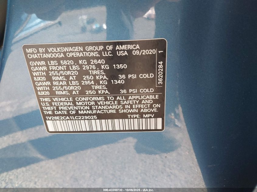 2020 Volkswagen Atlas Cross Sport 3.6L V6 Se W/Technology/3.6L V6 Se W/Technology R-Line VIN: 1V26E2CA1LC229025 Lot: 43350730