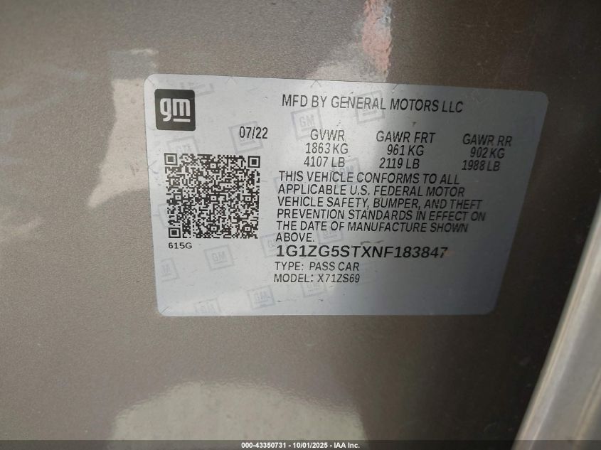 2022 Chevrolet Malibu Fwd Rs VIN: 1G1ZG5STXNF183847 Lot: 43350731