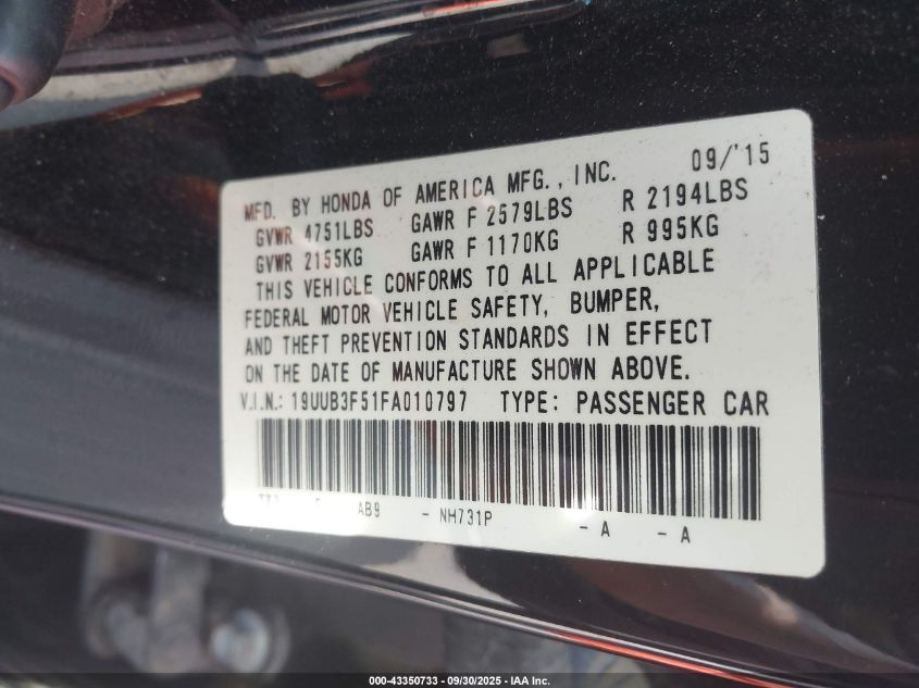 2015 Acura Tlx V6 Tech VIN: 19UUB3F51FA010797 Lot: 43350733