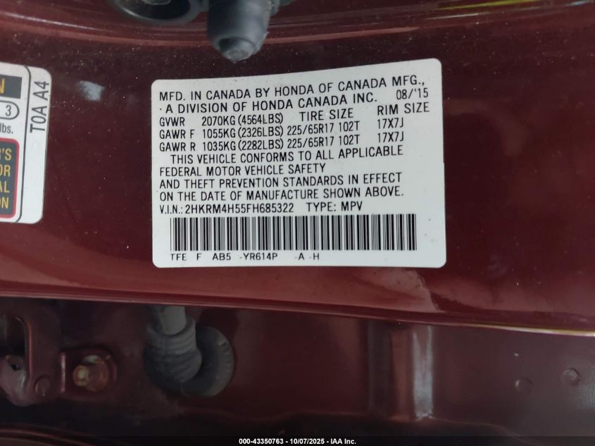 2015 Honda Cr-V Ex VIN: 2HKRM4H55FH685322 Lot: 43350763