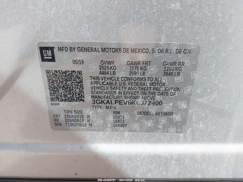 2019 GMC Terrain Slt VIN: 3GKALPEV6KL372400 Lot: 43350767