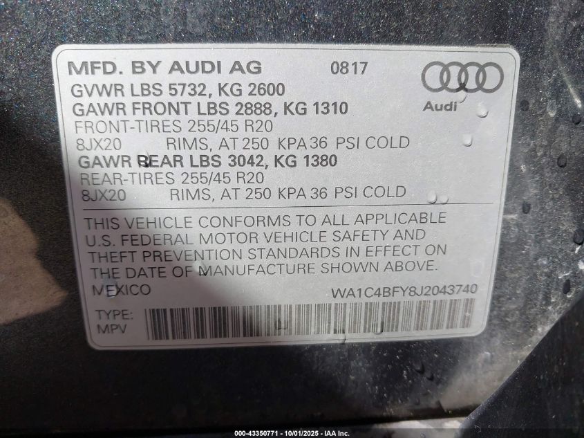 2018 Audi Sq5 3.0T Premium Plus VIN: WA1C4BFY8J2043740 Lot: 43350771