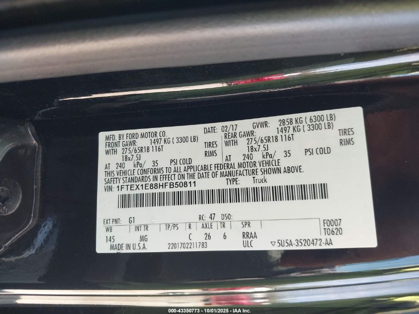 2017 Ford F-150 Xlt VIN: 1FTEX1E88HFB50811 Lot: 43350773