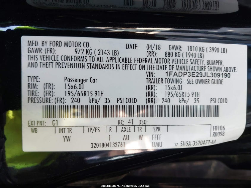 2018 FORD FOCUS S - 1FADP3E29JL309190