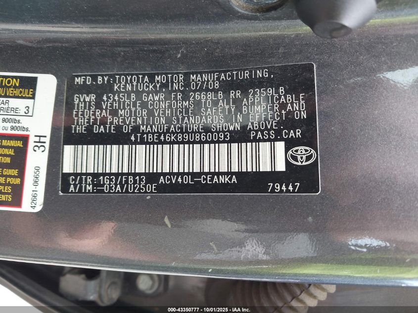 2009 Toyota Camry Le VIN: 4T1BE46K89U860093 Lot: 43350777