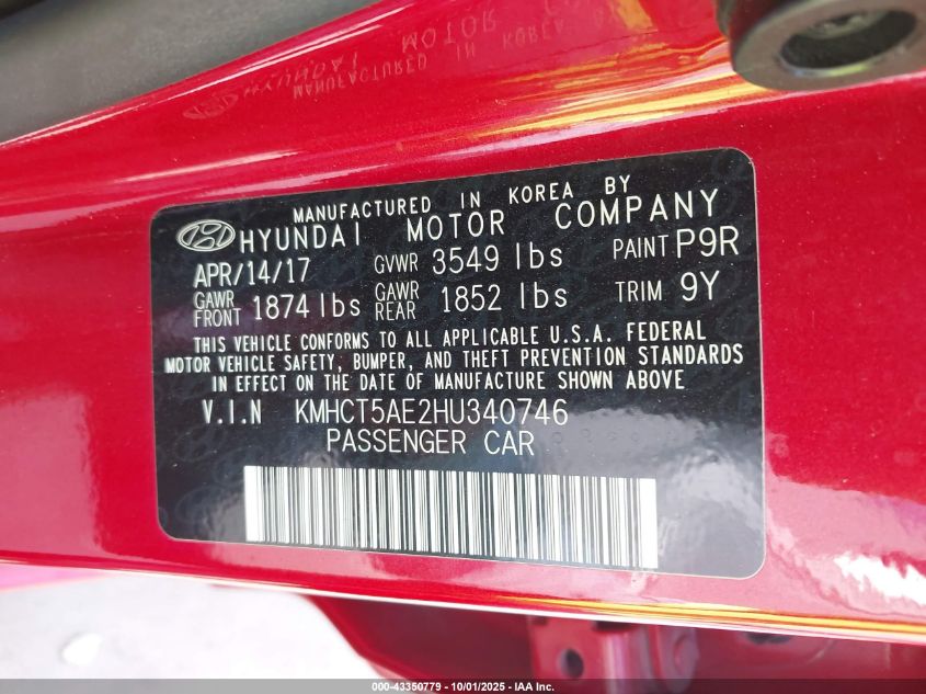 2017 Hyundai Accent Se VIN: KMHCT5AE2HU340746 Lot: 43350779