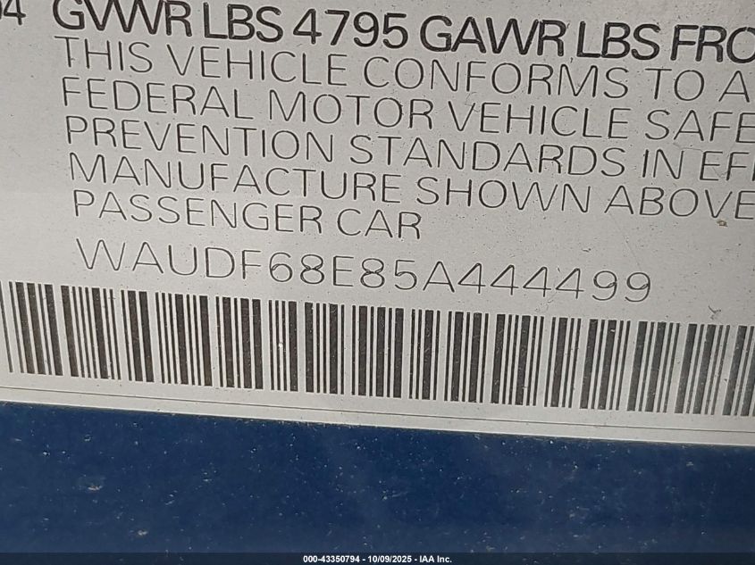 2005 Audi A4 2.0T VIN: WAUDF68E85A444499 Lot: 43350794