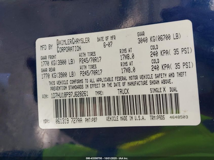 2007 Dodge Ram 1500 St VIN: 1D7HU18P97J628261 Lot: 43350795