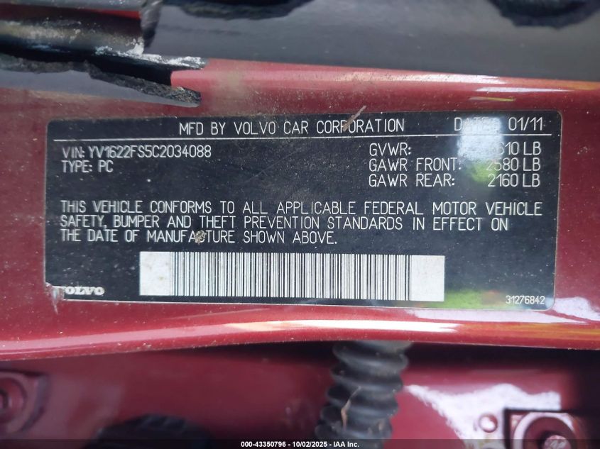 2012 Volvo S60 T5 VIN: YV1622FS5C2034088 Lot: 43350796