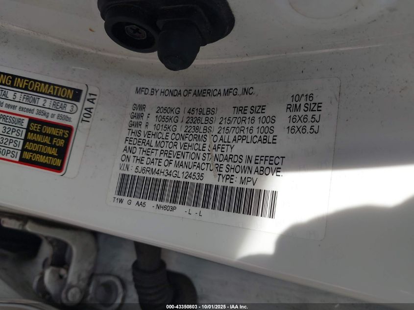 2016 Honda Cr-V Lx VIN: 5J6RM4H34GL124535 Lot: 43350803