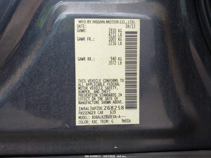 2013 Nissan Altima 2.5 S VIN: 1N4AL3AP2DC268258 Lot: 43350812