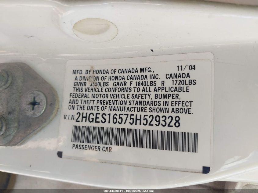 2005 Honda Civic Lx VIN: 2HGES16575H529328 Lot: 43350811