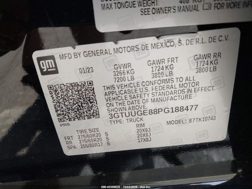 2023 GMC Sierra 1500 4Wd Standard Box Denali VIN: 3GTUUGE88PG188477 Lot: 43350820