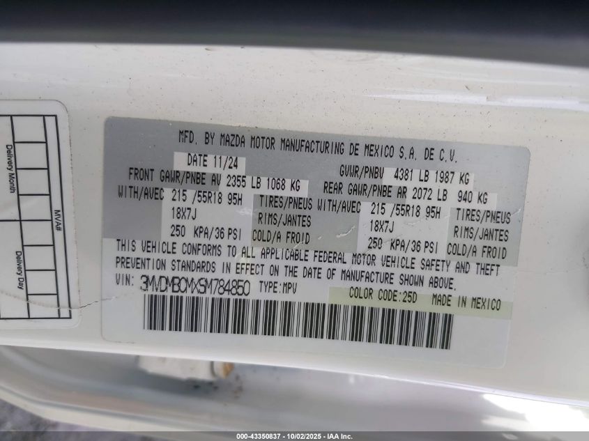 2025 Mazda Cx-30 2.5 S Preferred Package VIN: 3MVDMBCMXSM784850 Lot: 43350837