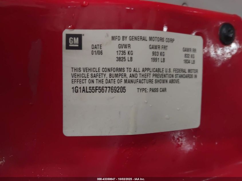 2006 Chevrolet Cobalt Lt VIN: 1G1AL55F567769205 Lot: 43350847