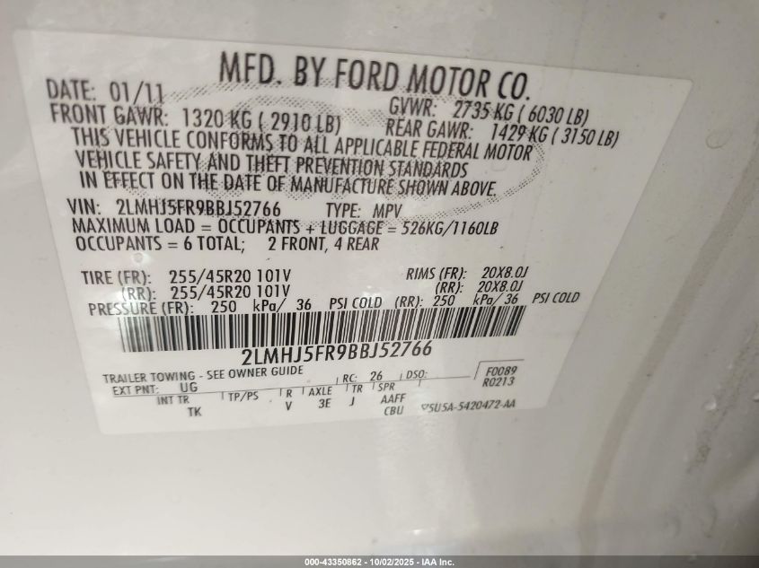 2011 Lincoln Mkt VIN: 2LMHJ5FR9BBJ52766 Lot: 43350862