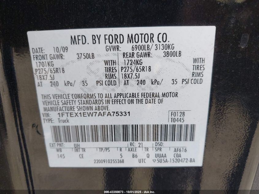 2010 Ford F-150 Stx/Xl VIN: 1FTEX1EW7AFA75331 Lot: 43350873