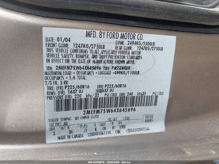 2004 Mercury Grand Marquis Ls VIN: 2MEFM75W64X645696 Lot: 43350878