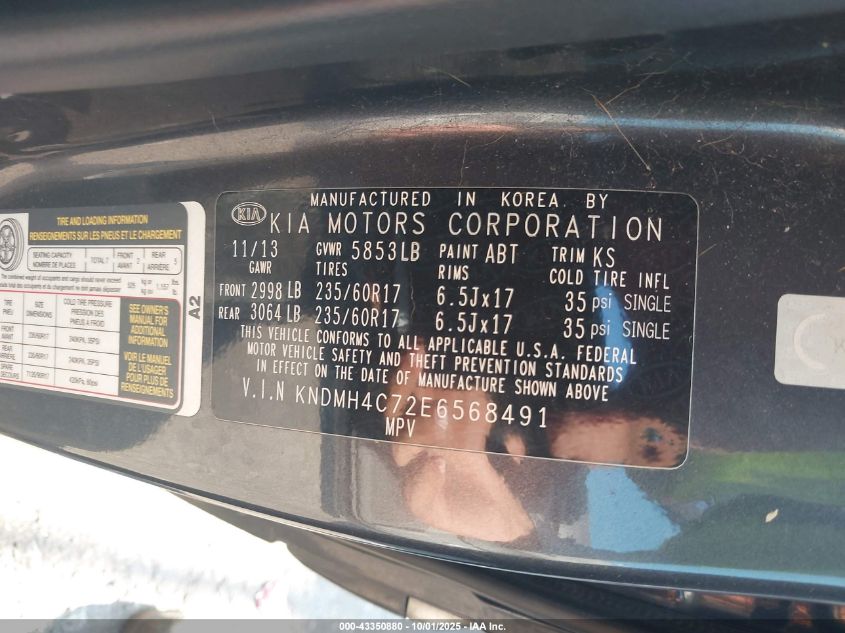 2014 Kia Sedona Ex VIN: KNDMH4C72E6568491 Lot: 43350880