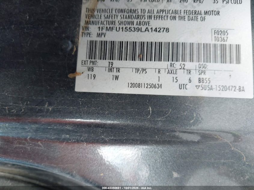 2009 Ford Expedition Xlt VIN: 1FMFU15539LA14278 Lot: 43350881