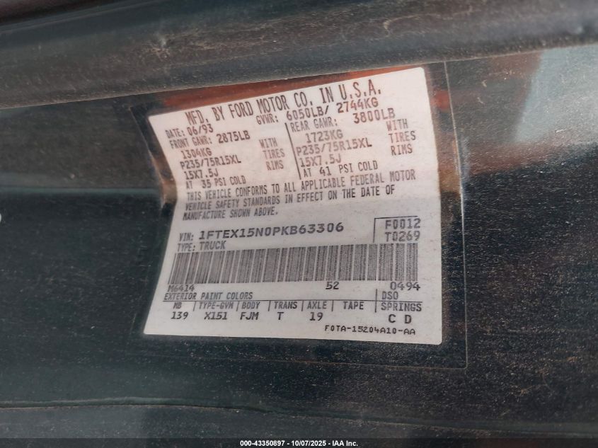 1993 Ford F150 VIN: 1FTEX15N0PKB63306 Lot: 43350897