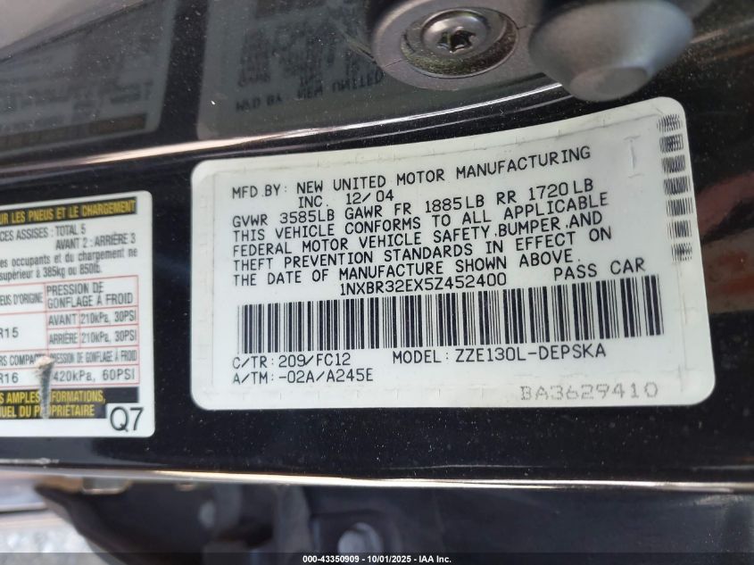 2005 Toyota Corolla S VIN: 1NXBR32EX5Z452400 Lot: 43350909