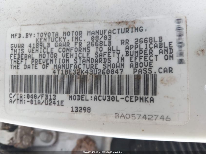 2003 Toyota Camry Le VIN: 4T1BE32K43U260047 Lot: 43350916