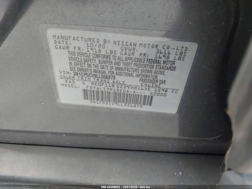 2020 Nissan Kicks Sv Xtronic Cvt VIN: 3N1CP5CV9LL556878 Lot: 43350922