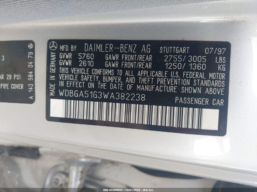 1998 Mercedes-Benz S 500 VIN: WDBGA51G3WA382238 Lot: 43350923