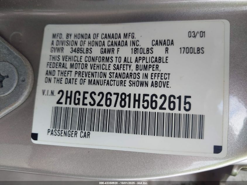 2001 Honda Civic Ex VIN: 2HGES26781H562615 Lot: 43350928