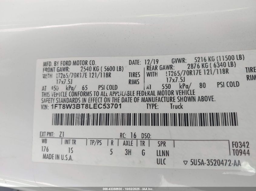 2020 Ford F-350 Xl VIN: 1FT8W3BT8LEC53701 Lot: 43350930